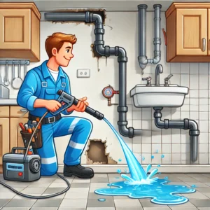 DALL·E 2024 09 11 15.50.30 A cartoon style illustration of an emergency plumbing situation showing a professional plumber in action without any text labels. The plumber dresse